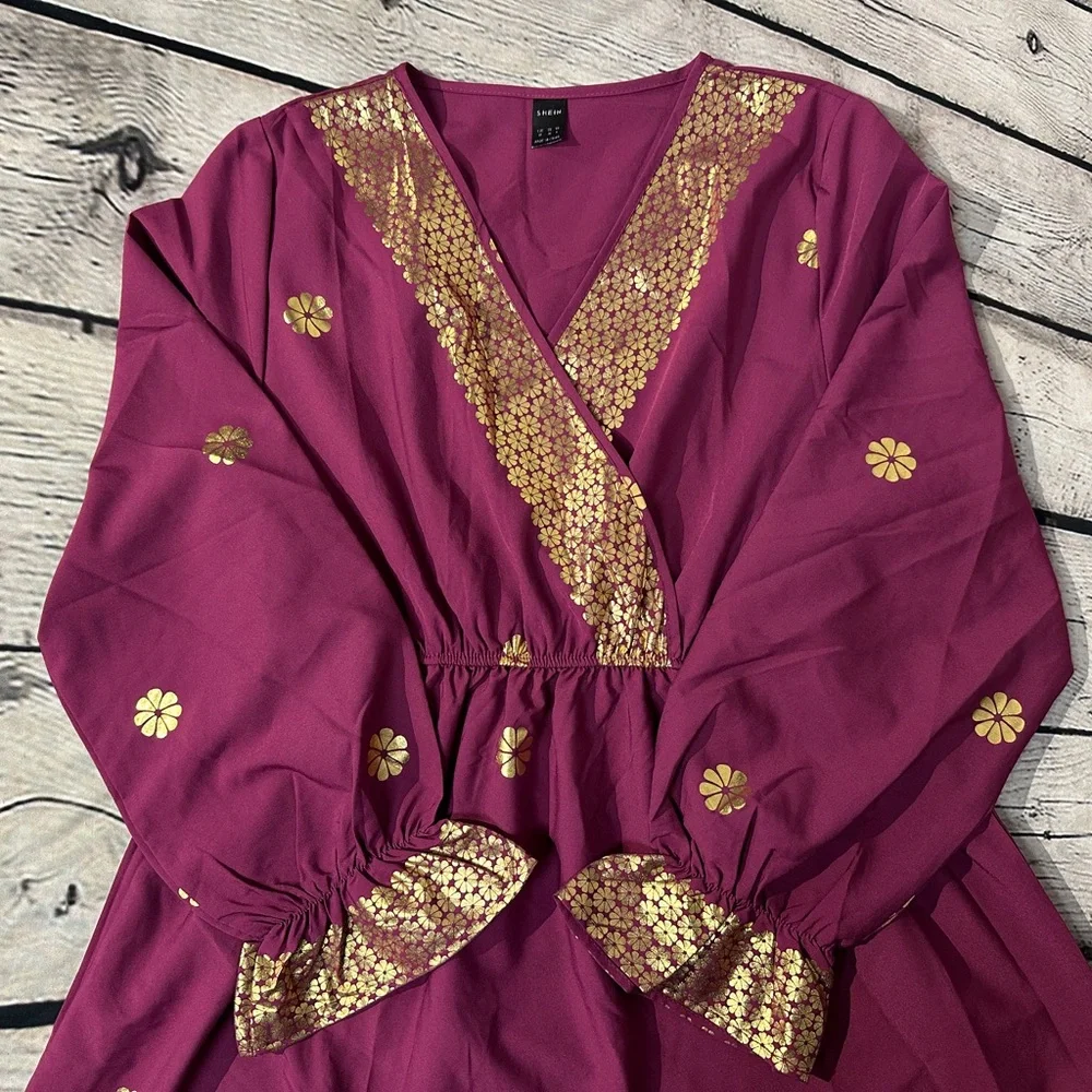 SHEIN Maroon Maxi Dress/Abaya with Gold Floral Accents - Picture 9 of 10